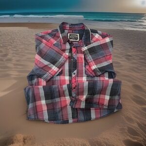 BKE Buckle Shirt Mens L Red Black Plaid Pearl Snap Lightweight Western Button Up